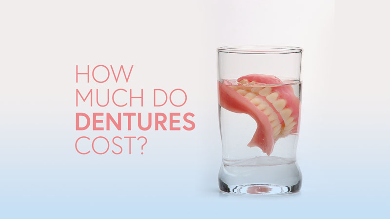 A glass of water with full dentures submerged in it, accompanied by the question 'How much do dentures cost?' in bold text, on a light background