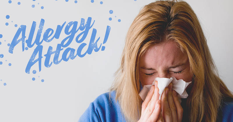 Woman blowing her nose with a tissue, eyes closed in discomfort, with the text 'Allergy Attack!' highlighting the concept of allergy symptoms.